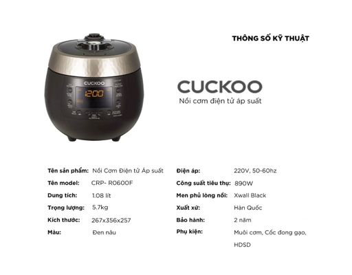 Nồi Cơm Điện Áp Suất CRP-R0600F/BKGBCRVNCV 1.08L Cuckoo ảnh 7