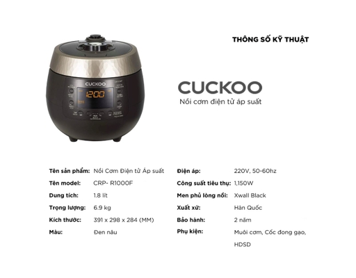 Nồi Cơm Điện Áp Suất CRP-R1000F/BKGBCRVNCV 1.8L Cuckoo ảnh 6