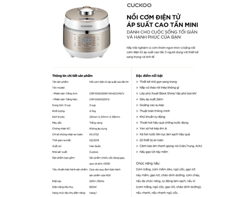 [Đặt Trước] Nồi Cơm Điện Cao Tần CRP-EHS0309F/WHGOVNCV 0.54L Cuckoo ảnh 8