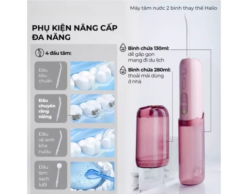 Máy Tăm Nước 2 Bình Thay Thế Ultraclean Express Hydro Floss Màu Hồng Halio ảnh 7