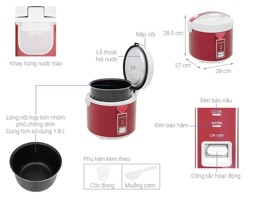 [Đặt Trước] Nồi Cơm Điện Nắp Gài CR-1081 Dung Tích 1.8L Màu Đỏ Trắng Cuckoo ảnh 1