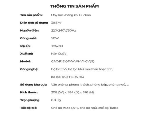 [Đặt Trước] Máy Lọc Không Khí CAC-R1510FW/WHVNCV(S) Cuckoo ảnh 8