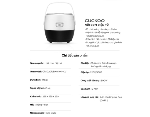 Nồi Cơm Điện Tử CR-1020F/BKWH 1.8L Cuckoo ảnh 9