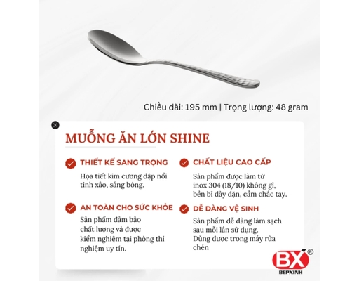 Vỉ 2 Muỗng Ăn Lớn Inox 304 Kim Cương Bếp Xinh ảnh 2