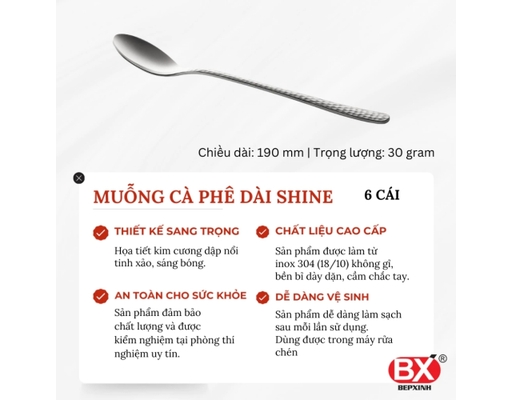 Vỉ 2 Muỗng Cà Phê Dài Inox 304 Kim Cương Bếp Xinh ảnh 1