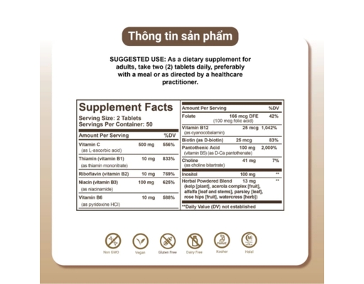 Thực Phẩm Bảo Vệ Sức Khỏe Viên Uống Bổ Sung Vitamin B&C B-Complex With Vitamin C 100 Viên Solgar ảnh 7