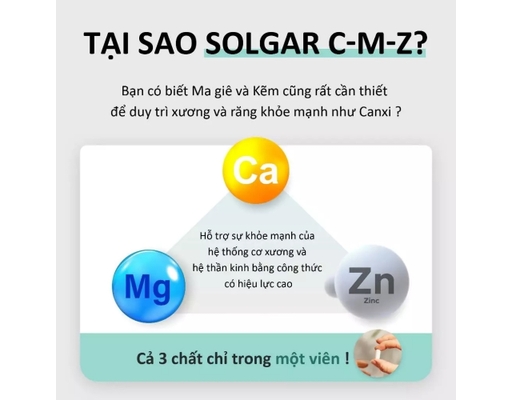 Thực Phẩm Bảo Vệ Sức Khỏe Viên Uống Bổ Sung Canxi, Magie, Kẽm Calcium Magensium Plus Zinc 100 Viên Solgar ảnh 4