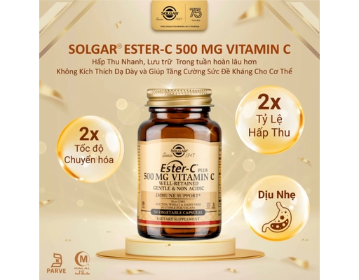 Thực Phẩm Bảo Vệ Sức Khỏe Viên Uống Bổ Sung Vitamin C Dịu Nhẹ Cho Dạ Dày Ester C 500mg 50 Viên Solgar ảnh 2
