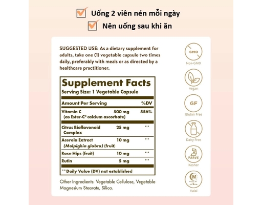 Thực Phẩm Bảo Vệ Sức Khỏe Viên Uống Bổ Sung Vitamin C Dịu Nhẹ Cho Dạ Dày Ester C 500mg 50 Viên Solgar ảnh 7