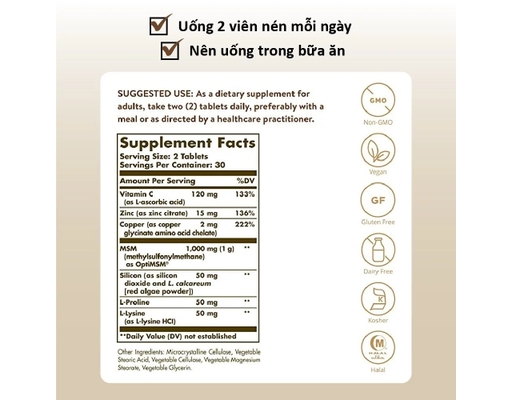Thực Phẩm Bảo Vệ Sức Khỏe Viên Uống Chăm Sóc Da, Móng Và Tóc Skin, Nails&Hair Advanced MSM 60 Viên Solgar ảnh 6