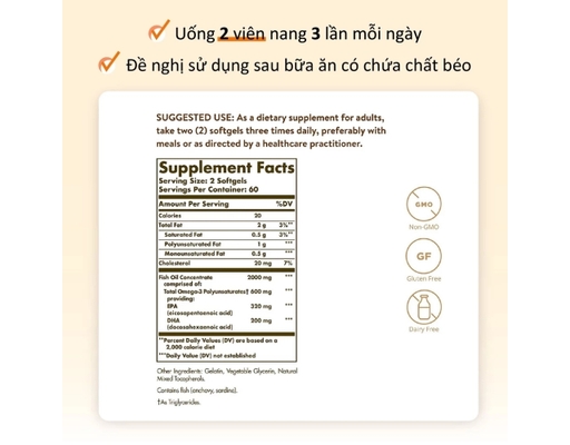 Thực Phẩm Bảo Vệ Sức Khỏe Viên Uống Dầu Cá Bổ Sung Omega 3 Omega 3 Fish Oil Concentrate 120 Viên Solgar ảnh 6