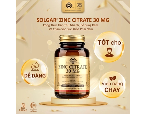 Thực Phẩm Bảo Vệ Sức Khỏe Viên Uống Bổ Sung Kẽm Citrate Zinc Citrate 30mg 100 Viên Solgar ảnh 2