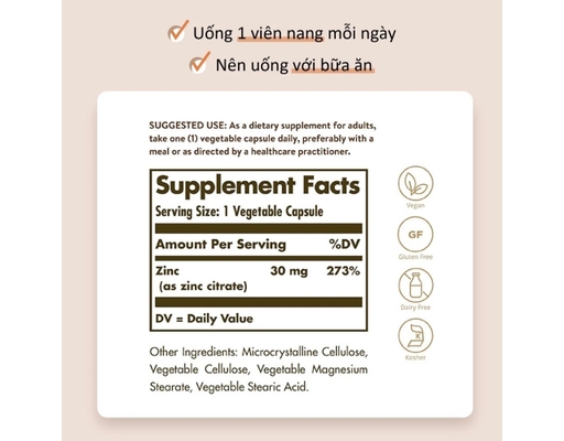 Thực Phẩm Bảo Vệ Sức Khỏe Viên Uống Bổ Sung Kẽm Citrate Zinc Citrate 30mg 100 Viên Solgar ảnh 5