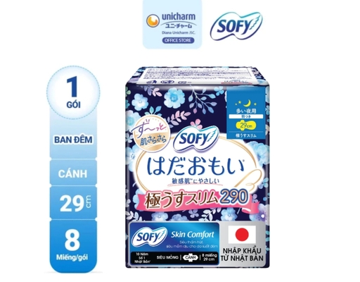 Băng Vệ Sinh Đêm Siêu Mỏng Cánh Skin Comfort Ultra Thin 29cm 8 Miếng Sofy ảnh 1