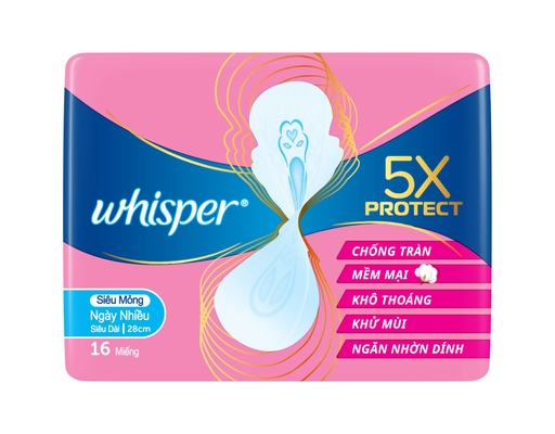 Băng Vệ Sinh 5X Siêu Mỏng Bảo Vệ 28cm 16 Miếng Whisper ảnh 0