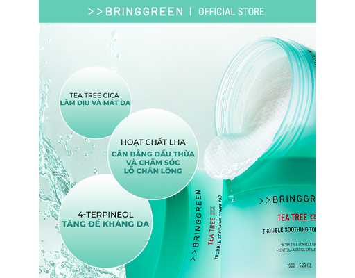 Toner Pad Làm Dịu Da Chiết Xuất Tràm Trà Rau Má Tea Tree Cica Soothing Toner Pad 150g Bring Green ảnh 3