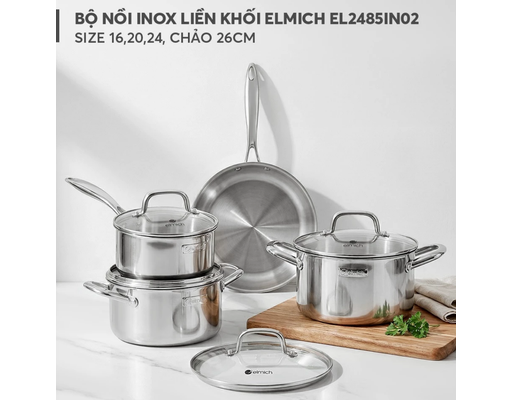 Bộ Nồi Inox Liền Khối EL2485IN02 Size 16,20,24, Chảo 26cm Elmich ảnh 3