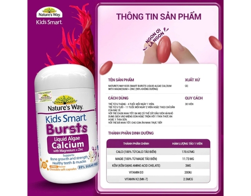 Thực Phẩm Bảo Vệ Sức Khỏe Calci Tổ Ong, Tảo Biển Đỏ Aquamin F Bổ Sung Vitamin D3 K2 Hỗ Trợ Phát Triển Xương Kids Smart Algae Calcium 30 Viên Nature's Way ảnh 6