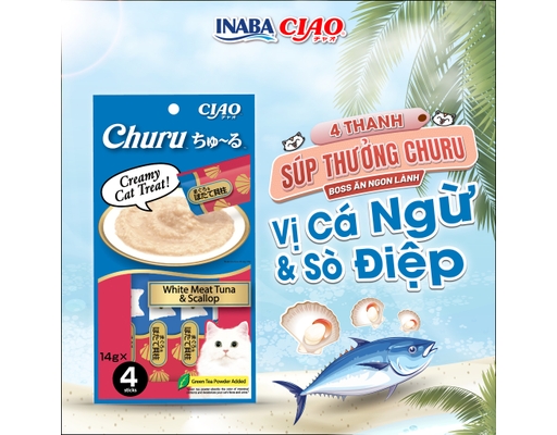 Gói 4 Thanh Súp Thưởng Cho Mèo Trưởng Thành Vị Cá Ngừ Thịt Trắng, Sò Điệp 14g CIAO ảnh 1