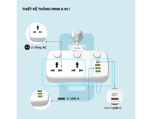Ổ Điện Đa Năng 2AC Kèm 3USB-A Và 1USB-C Sạc Nhanh PD (Max 20W) EPB2503EUWE Màu Trắng Energizer ảnh 4