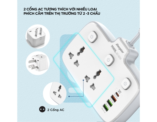 Ổ Điện Đa Năng 2AC Kèm 3USB-A Và 1USB-C Sạc Nhanh PD (Max 20W) EPB2503EUWE Màu Trắng Energizer ảnh 5