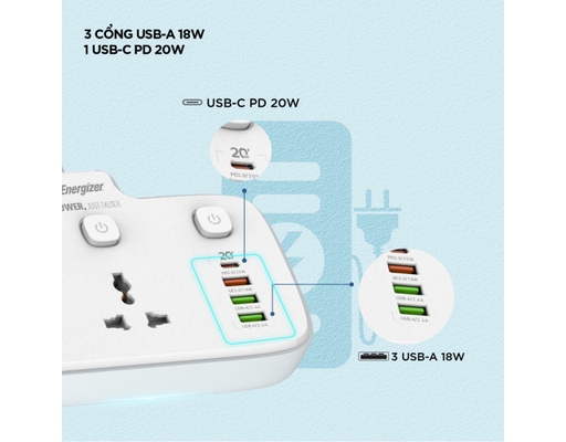 Ổ Điện Đa Năng 2AC Kèm 3USB-A Và 1USB-C Sạc Nhanh PD (Max 20W) EPB2503EUWE Màu Trắng Energizer ảnh 6
