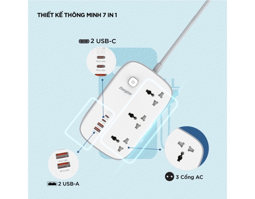 Ổ Điện Đa Năng 3AC Kèm 2USB-A Và 2USB-C Sạc Nhanh PD (Max 65W) EPB3250W00EUWE Màu Trắng Energizer ảnh 4