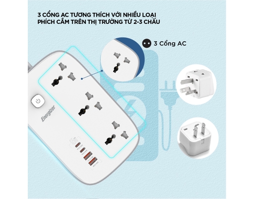 Ổ Điện Đa Năng 3AC Kèm 2USB-A Và 2USB-C Sạc Nhanh PD (Max 65W) EPB3250W00EUWE Màu Trắng Energizer ảnh 5