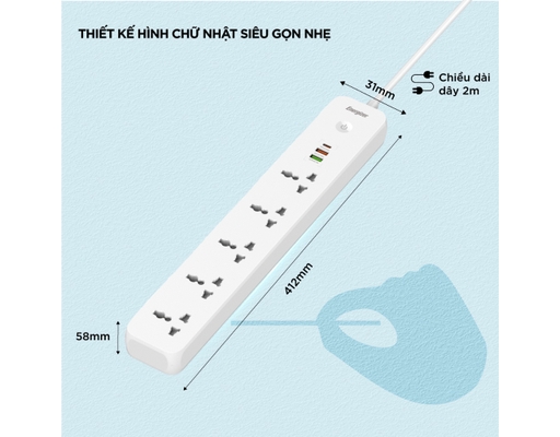 Ổ Điện Đa Năng 5AC Kèm 2USB-A Và 1USB-C Sạc Nhanh PD (Max 38W) EPB2504EUWE Màu Trắng Energizer ảnh 5