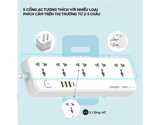 Ổ Điện Đa Năng 5AC Kèm 3USB-A Và 1USB-C Sạc Nhanh PD (Max 20W) EPB2501EUWE Màu Trắng Energizer ảnh 4