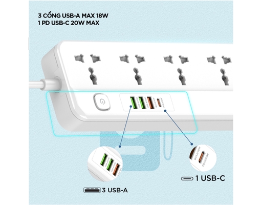 Ổ Điện Đa Năng 5AC Kèm 3USB-A Và 1USB-C Sạc Nhanh PD (Max 20W) EPB2501EUWE Màu Trắng Energizer ảnh 5
