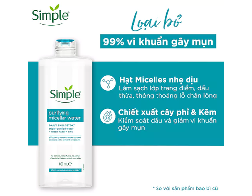 Nước Tẩy Trang Dành Cho Da Dầu Mụn Purifying Micellar Water 400ml Simple ảnh 3