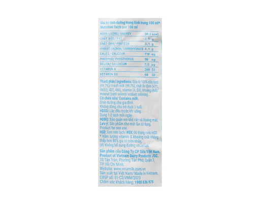 Sữa Tươi Tiệt Trùng Vinamilk 100% Không Đường Bịch 220ml Vinamilk ảnh 2