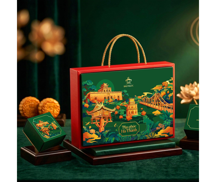 Hộp Bánh Trung Thu Bảo Ngọc Thu Phúc Hà Thành 4Bx80G + Trà