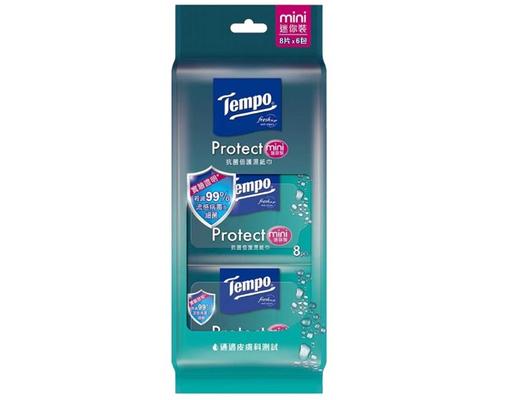 Khăn Giấy Ướt Mini Protect Ngăn Ngừa Vi Khuẩn - Lốc 6 Gói x 8 Tờ Tempo