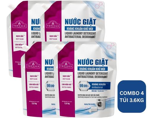 Lô 4 Túi Nước Giặt Kháng Khuẩn Khử Mùi Cho Máy Giặt Cửa Trước Hương Pink Garden 3.6kg TOPVALU
