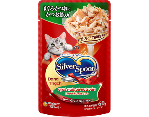Thức Ăn Cho Mèo Dạng Thạch Vị Cá Ngừ, Cá Ngừ Vằn Topping Cá Bào 60g Silver Spoon