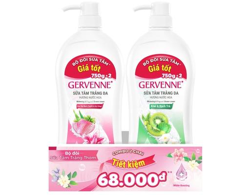 Combo Sữa Tắm Trắng Da Hương Nước Hoa Hương Dâu Tây Bạch Tuyết & Ly Hồng Và Kiwi & Bạch Trà - 900g x 2 Chai Gervenne