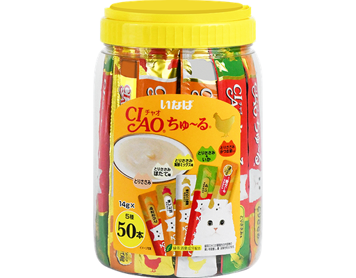 Hộp 50 Thanh Súp Thưởng Cho Mèo Mix Vị Thịt Gà Mix Vị (Vàng) - 50 Thanh x 14g (700g) CIAO