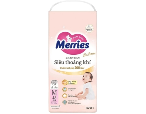 Tã Dán First Premium Siêu Thoáng Khí M48 Cho Trẻ Từ 6-11kg 48 Miếng Merries