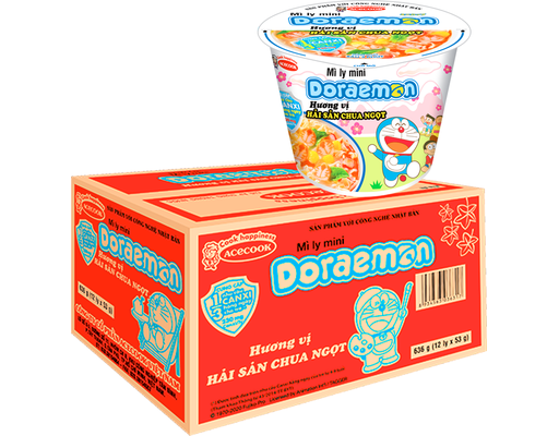 Thùng 12 Ly Mì Mini Doraemon Vị Hải Sản Chua Ngọt Ly 53g ACECOOK