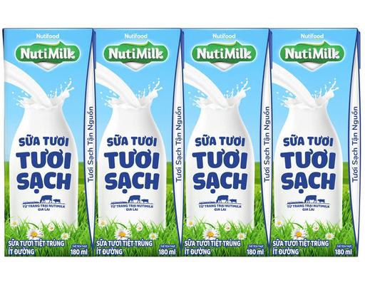 Lốc 4 Hộp Sữa Tươi Tiệt Trùng Có Đường 180ml Nutimilk