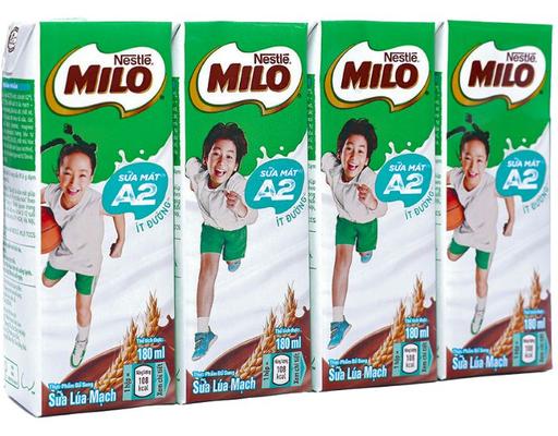 Lốc 4 Hộp Sữa Lúa Mạch Ít Đường Milo A2 180ml Milo
